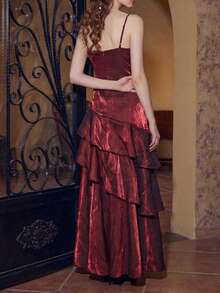 酒红色闪光晚礼服，优雅3D玫瑰花结婚礼宾客礼服，奢华舞会派对长款荷叶边连衣裙，适合正式场合 - 酒紅色 - 查看 7