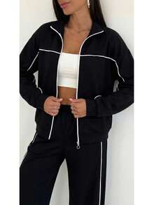 Women's Long Sleeve Zip-Up Wide Leg Tracksuit Set With Trim Details - Black - View 3