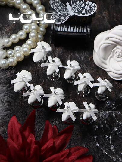 10pcs Fake Almond Shape Matte Press On Nails,Solid Color,Handmade White Nails,3d Three-Dimensional Decoration Element,Silk Bowknot Wtih Rhinestone Decor,Minimalist Elegant Full Coverage Fake Nails Acrylic Medium Length,Nail Supplies Art Suitable For Wedding ,Daily, Leisure, Vacation, Workplace, Holiday Wear,With 1 Mini Nail File And 1 Double-Sided Adhesive Label