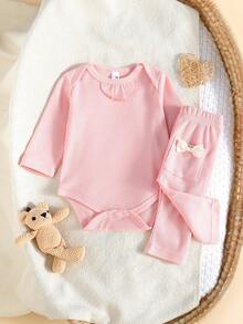 3 Stücke/Set Neugeborene Baby Mädchen süße Schleife Dekor Langarm Romper und Taschen Lässig Hose Outfit, geeignet für Frühling/Sommer Outdoor - Verschiedenfarbig - Übersicht 3