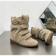 ISAb Parisian-Style Color-Block Retro Suede High-Top Sneakers With Hidden Wedge Heel.Invisible Heel / Internal Wedge.Vibrant Color-Blocking.High-Top - Khaki - View 3