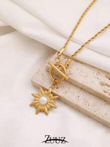 1pc Fashion Stainless Steel Necklace Round Natural Stone Sun Pendant Necklace Female Jewelry Suitable For Women's Daily Wear - necklace - View 13