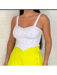 Cropped Top In Glittery Rhinestones With Straps And V-Shaped Toe - Perfect For Parties. - White - View 2