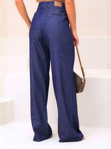 Manon Store Women's Wide Leg Tailored High Waist Elegant Casual Jeans With Zipper, Pocket, Button, For Office, Country Music Concert, Stage And Concert, Night, Travel, Formal And Evening, Autumn/Winter - 深色水洗藍 - 查看 6