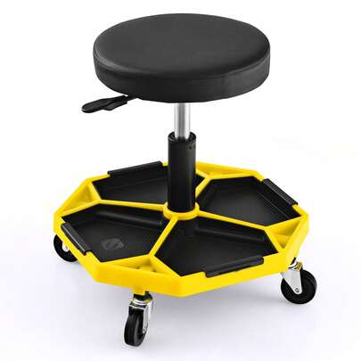  COSTWAY Adjustable Rolling Creeper Stool, Pneumatic Rolling Mechanic Stool W/ Tool Storage Tray, 4 Universal Wheels, Functional Creeper Seat For Garage, Repair Shop, 330 LBS Max Load, Yellow