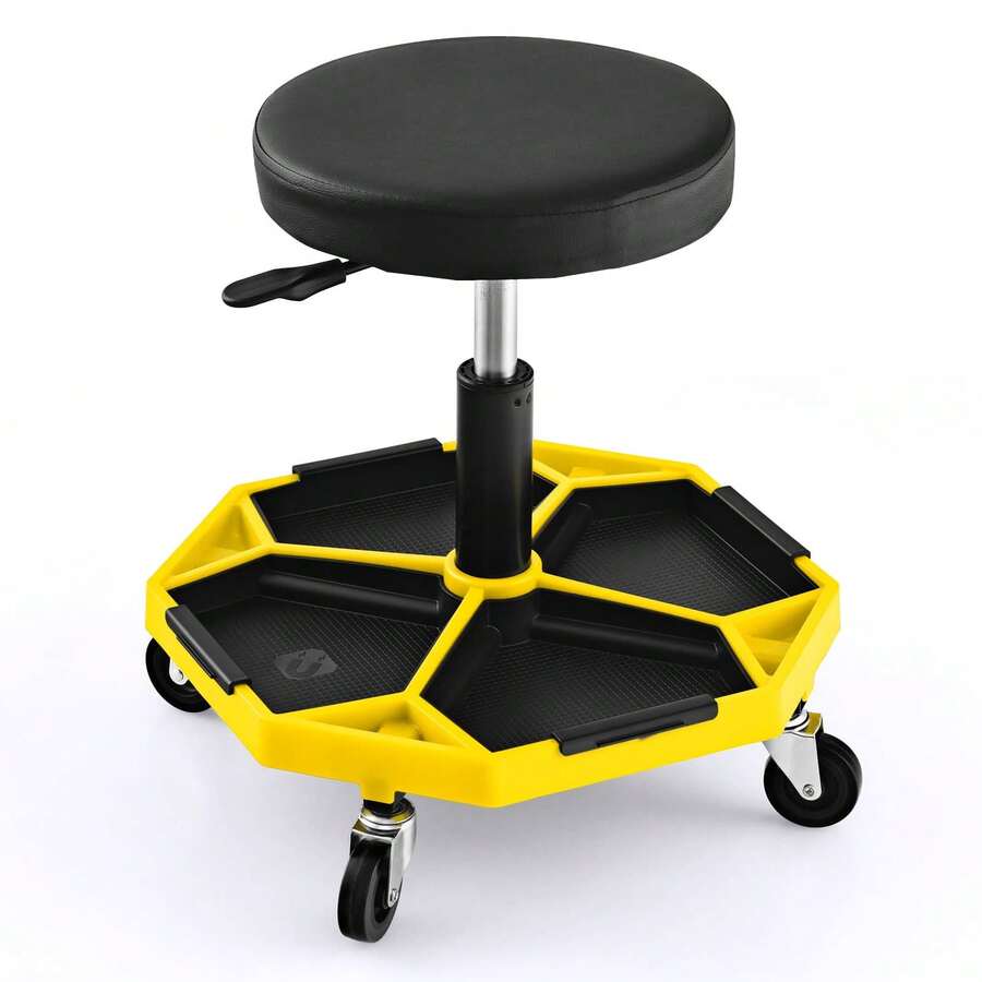 COSTWAY Adjustable Rolling Creeper Stool, Pneumatic Rolling Mechanic Stool W/ Tool Storage Tray, 4 Universal Wheels, Functional Creeper Seat For Garage, Repair Shop, 330 LBS Max Load, Yellow - A - View 1