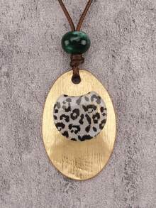 1pc Minimalist Oval Alloy Necklace, Exaggerated Beaded Necklace, Brown Wax Rope Long Necklace, Valentine's Day Party Gift, Gift For Girlfriend/Boyfriend - Yellow Gold - View 13