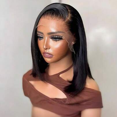 Women's Fashion 12-Inch Black Short Bob Wig - Medium Parted Straight Hair, Heat-Resistant Synthetic Fiber, Suitable For Daily Wear And Role Playing