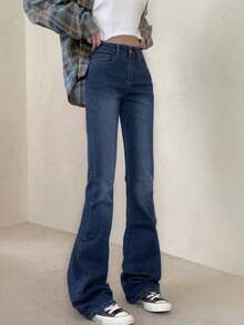 女士休闲日常水洗喇叭牛仔裤，带斜插口袋 - 深色水洗藍 - 查看 2