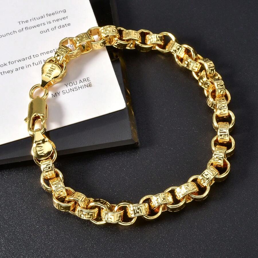 Vintage 750 Italian 3D Intertwined Ring Hand-Carved Textured Clavicle Chain, Hip-Hop Street Style, Suitable For Men's Daily And Party Wear - Gold - View 1