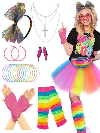 7 pezzi Set di accessori per costume da allenamento neon anni '80 per donna, comprendente: fascia per capelli con fiocco, orecchini, guanti in pizzo, bracciale, collana, adatto per feste in maschera e retrò
