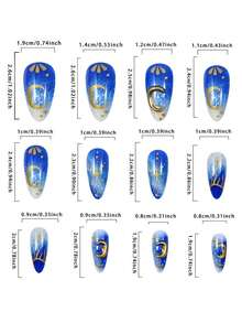 24Pcs Celestial Blue Marble Press-On Nails Almond Shape Fake Nails With Gold Moon & Star Pattern, Glossy Finish - Multicolor - View 4