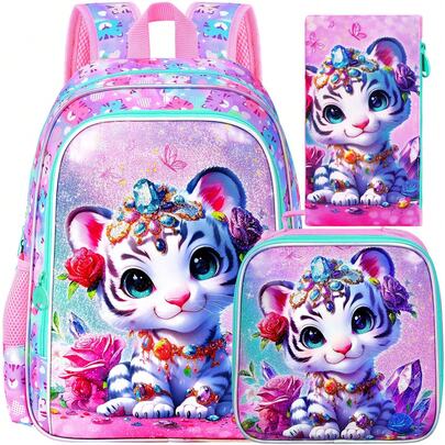 3Pcs Tiger Backpack For Girls, 16" Kids School Backpacks With Lunch Box, Bookbag For Elementary Preschool Kindergarten(Pink)