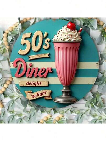 8x8 英寸复古金属招牌 - 美式复古餐厅主题圆形墙饰，采用“50 年代餐厅乐趣”设计，粉色和蓝绿色条纹背景，非常适合厨房、咖啡馆或餐厅装饰，是理想的礼物之选，充满怀旧气息的家居装饰 | 复古餐厅设计 | 耐用金属艺术品，随机孔型