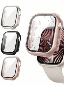 3 Packs 3 IN 1 Tempered Glass Film Hard PC Bumper Case For Apple Watch Series 11 10 9 8 7 6 5 4, 40mm/41mm/42mm/44mm/45mm/46mm/49mm Compatible With IWatch Screen Protector Protector Case Face Cover, For Women Men, Ultra-Thin Guard,Clear/Black/Rose Gold - Starlight + Rose Gold + Black - View 13