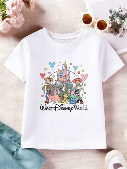  [Disney Authorized] Disney Style Children's T-Shirt, Made Of 100% Polyester Fiber, With Disney Cartoon Toy Story And Castle Geometric Letter Pattern Printed On It; Suitable For Boys And Girls, Can Be Worn For Daily Leisure And Outdoor Activities