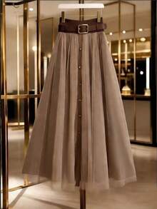 女士极简时尚格子网纱半身裙 - 卡其色 - 查看 3