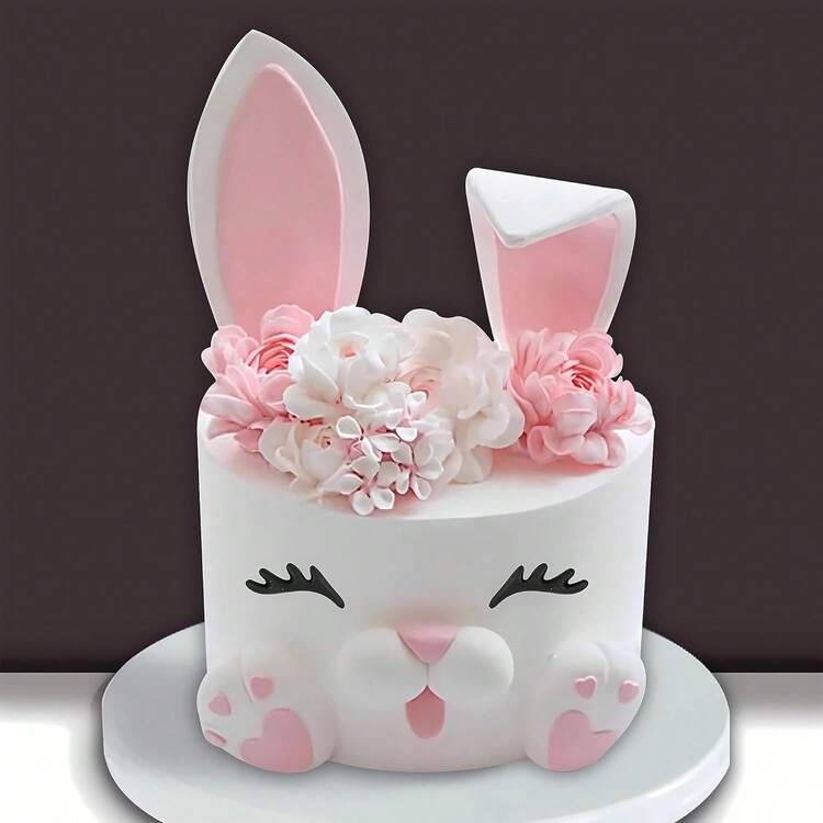 12 PCS Pink Bunny Cake Topper With Ear Foot Flower Eye Nose Easter Rabbit Baby Shower Birthday Party Cupcake Cake Decor Supplies - 粉色 - 查看 2