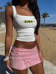Women Sleeveless Sequin Tank Top Y2k Embroidered Bead Tank Top Aesthetic Ribbed Summer Crop Tops - 淺綠 - 查看 1