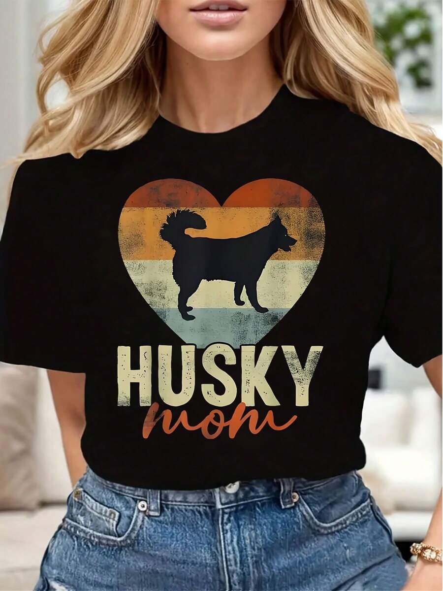 Husky Mom Vintage Heart Dog Print Women Casual T Shirt Soft Comfortable Gift For Mother Day Birthday Christmas - 黑色 - 查看 1