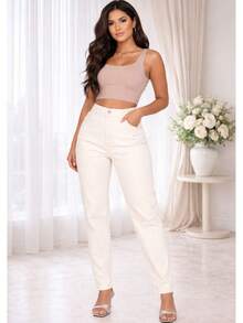 Women's High-Waisted Mom Jeans, Thick Fabric, 100% Denim - 白色關閉 - 查看 3