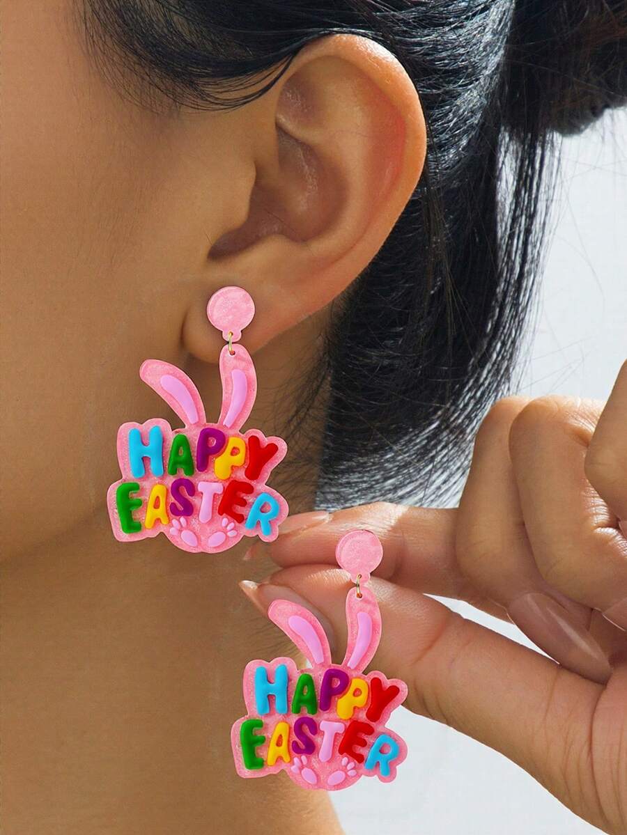 1对极简粉色复活节兔子亚克力耳环 - 彩色 - 查看 1