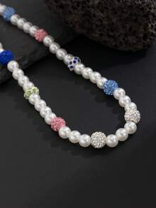 1pc Hip-Hop Style Faux Pearl Studded Crystal Beaded Necklace, Retro Rock Design, Versatile Street Style Necklace Gift For Men - Necklace - View 7