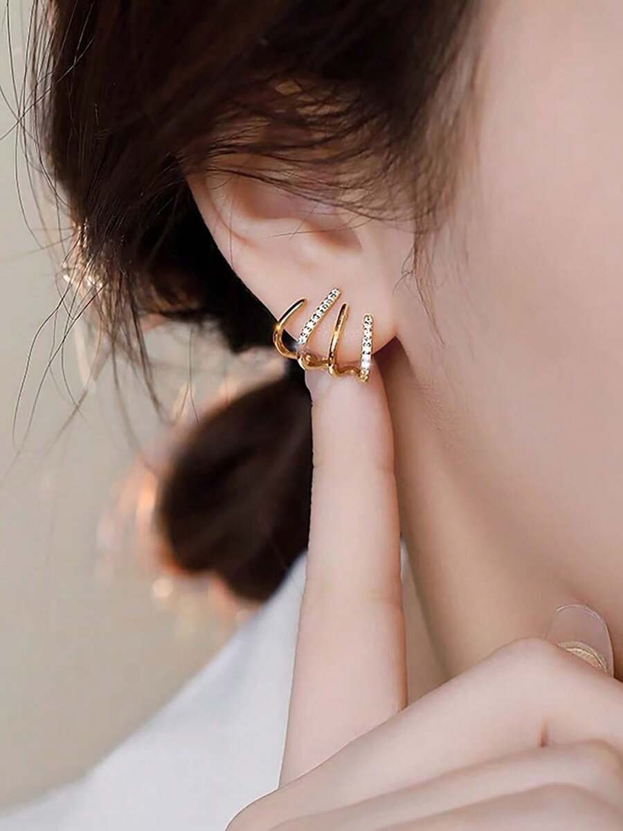 1pair Fashionable Multi-layered Geometric Arc-shaped Earrings With Four Claw Set Rhinestones For Women - Yellow Gold - View 1