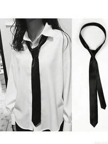 1pc Ladies' Polyester Narrow Necktie, Handmade, Suitable For Daily Shirt Decoration And As A Gift - 黑色 - 查看 1