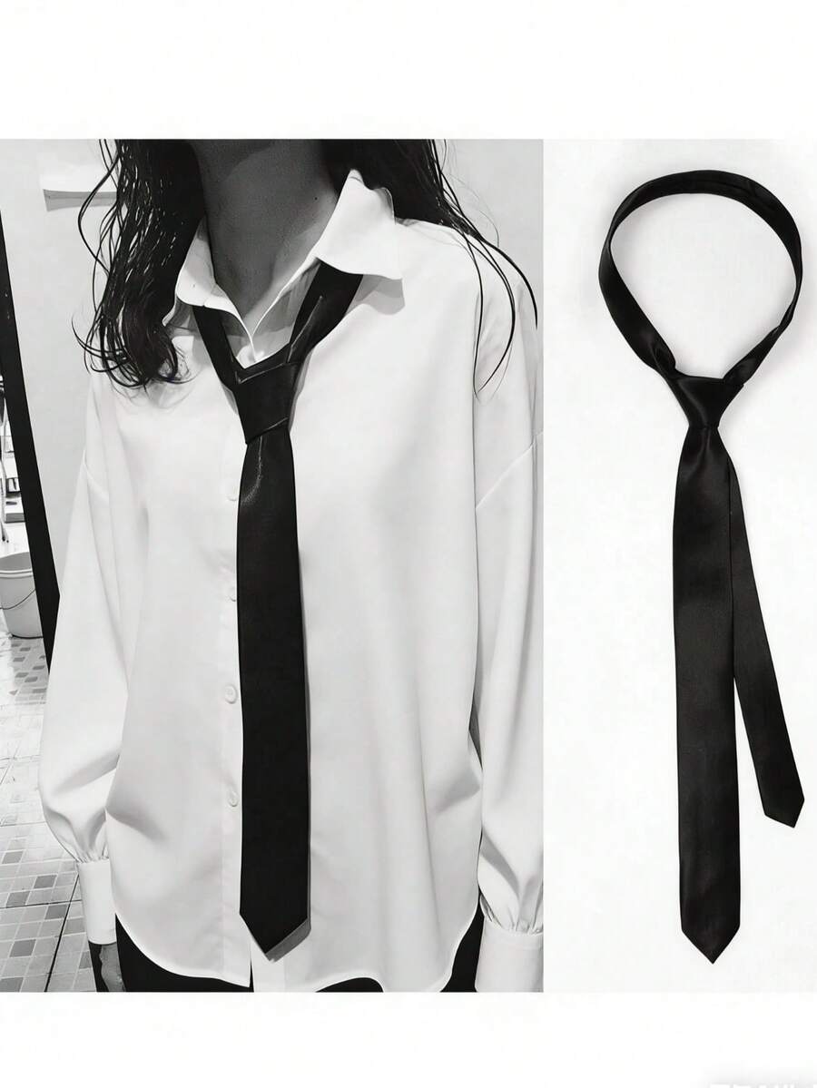 1pc Ladies' Polyester Narrow Necktie, Handmade, Suitable For Daily Shirt Decoration And As A Gift - 黑色 - 查看 1