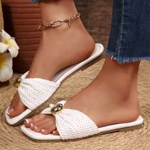 Women's Bow Sandals With Slides And Slippers Dressy Square Open Toe Comfortable Summer Casual Vacation Beach Shoes Flats - 白色 - 查看 7