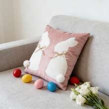 1pc Easter Bunny Pillow Cover - 3D Tail & Handmade Bow, Embroidery Decor For Spring, Farmhouse Living Room & Bedroom, Easter Gift Idea - Pink - View 13