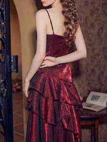 酒红色闪光晚礼服，优雅3D玫瑰花结婚礼宾客礼服，奢华舞会派对长款荷叶边连衣裙，适合正式场合 - 酒紅色 - 查看 4