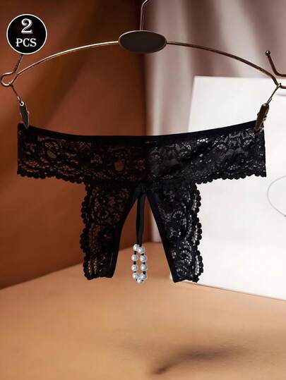 2pcs Women's Sexy Black Semi-Sheer Lace Patchwork Open Crotch Panties With Pearl Decor G-String
