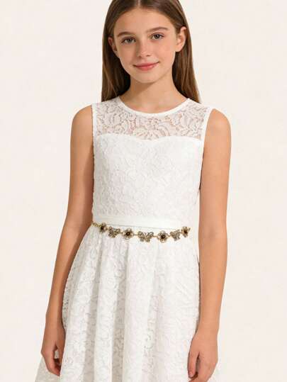 1条儿童腰带，牛仔风，女童腰带，口袋链，可爱腰带，Y2K风格腰带，链条腰带，虎眼石雕刻蝴蝶花朵复古金色腰链，适合搭配裙子，日常穿着，派对，节日，生日礼物，新年礼物