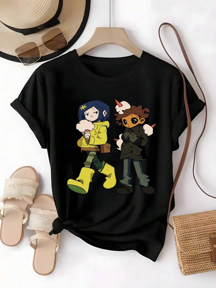 Camiseta Personajes Animados, aventurera, colorida, juvenil,blusas elegantes dama,tops,parejas,blusas curvy mujer. - Negro - Ver 1