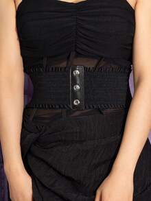 1pc Women's Basic Casual Black Simple 3-Button Adjustable Fitted Waist Belt, Elastic Waistband Suitable For Daily Commute, Dining, Party Matching - Black - View 2