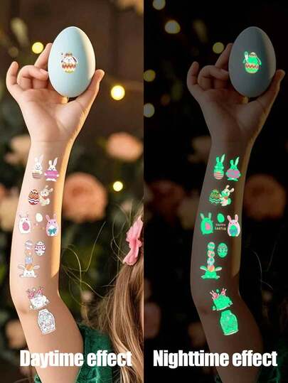 可水洗兔子主题临时纹身贴纸，包含可爱的兔子、胡萝卜和鸡蛋图案。适合作为复活节篮子填充物、复活节礼物、装饰品和派对礼品。这些逼真的假纹身贴纸适用于身体。