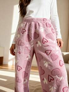 Women's Warm, Comfortable Fleece Pants With A Luxurious Pink Heart Design - Màu Hoa hồng đỏ - Xem 1