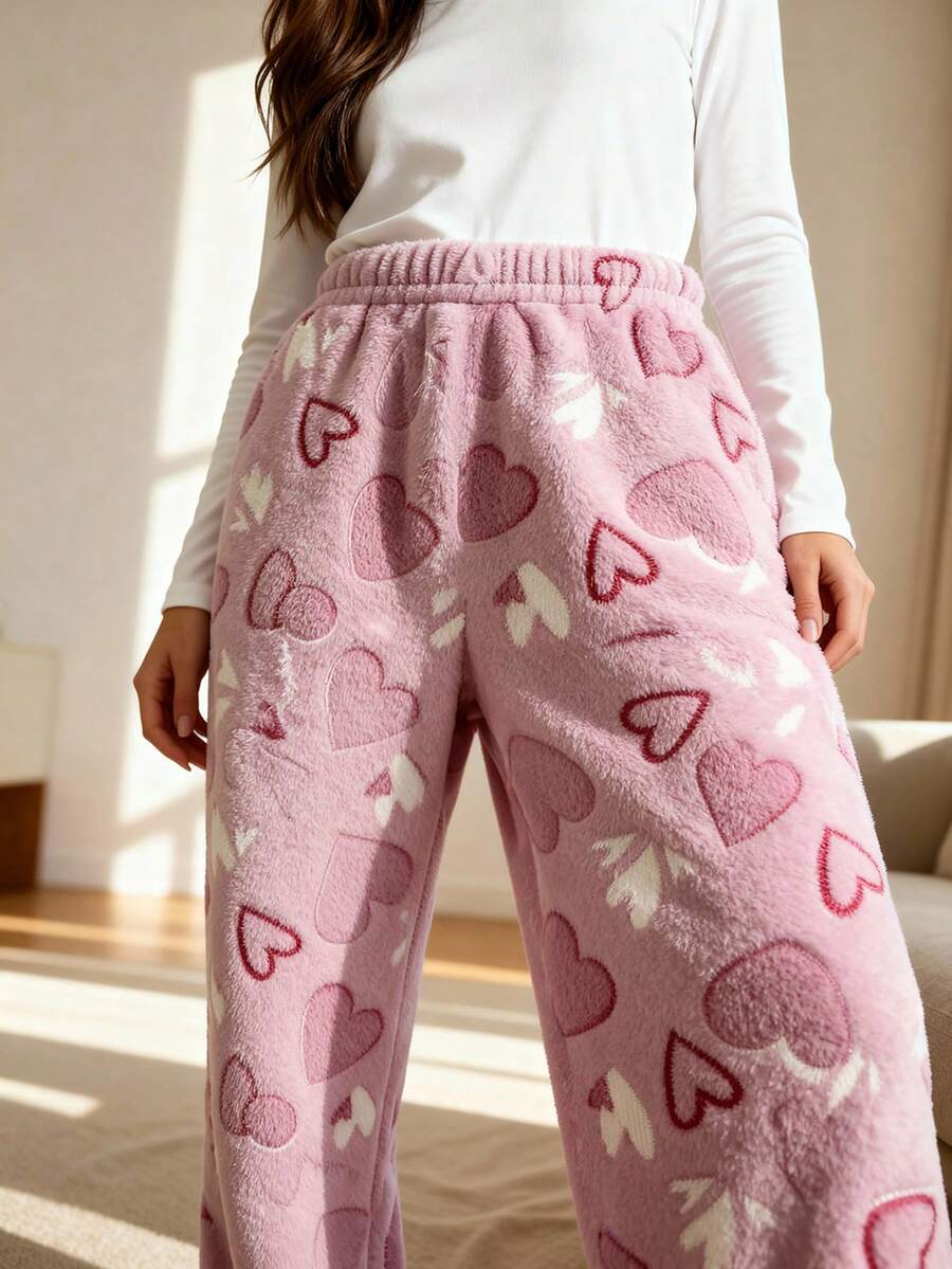Women's Warm, Comfortable Fleece Pants With A Luxurious Pink Heart Design - Màu Hoa hồng đỏ - Xem 1