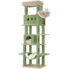 HaluPeit Large Cat Tree, 170 Cm High, With 8 Scratching Posts, 2 Caves, Large Platforms, Washable Mat, Hammock, Plush Balls, Multi-El Cat Tree, Green/Brown - Green - View 10
