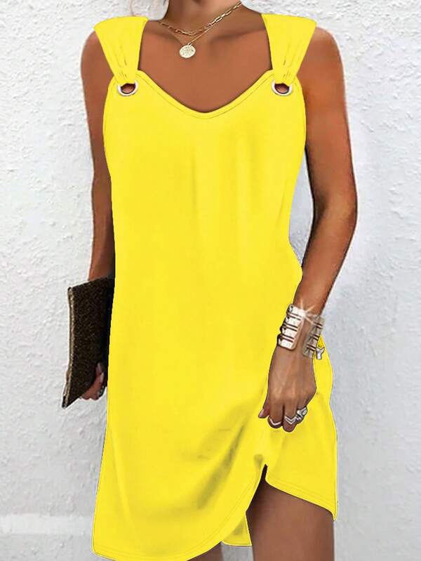 European And American New Arrival Women's Elegant Minimalist Solid Color Metal Button V-Neck Sleeveless Dress Summer Yellow