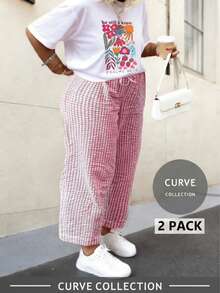 Plus Size Lemon Print T-Shirt & Checkered Wide Leg Pants Set - Casual Coordinated Outfit, Comfortable Matching Autumn Wear, Effortless Women's Two Pieces Set,Streetwear Wome,Going Out Outfits - Màu Hồng Tươi - Xem 1