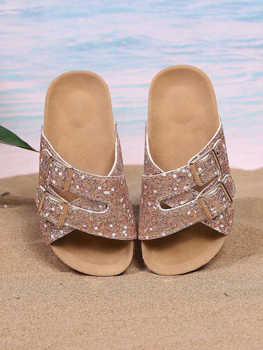 1 Pasang Sandal Anak Perempuan Sol Tebal Anti Selip dari Gabus Lembut, Lembut & Nyaman, Desain Payet & Rhinestone yang Modis, Cocok untuk Usia 3-15 Tahun, Aktivitas Luar Ruangan, Pantai - Emas - View 1