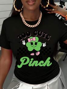 Too Cute To Pinch Shamrock St Patrick's Day T Shirt Women Casual Graphic Tee Funny Lucky Clover Print Top - màu đen - Xem 2