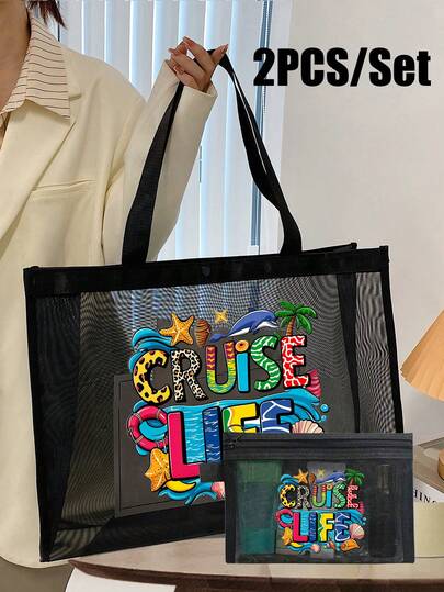 这款大容量网眼手提袋印有“邮轮生活”字样以及海洋、贝壳、海星、椰子树和海豚图案。这款休闲超大网眼沙滩手提袋专为女性设计，采用可重复使用的涤纶材质，配有固定肩带。它同时也是一款旅行网眼化妆包、字母印花网眼袋、可折叠单肩包、网眼沙滩包和多功能手提袋，适合泳池、度假、露营、夏季、日常使用和旅行。是情人节的完美礼物。