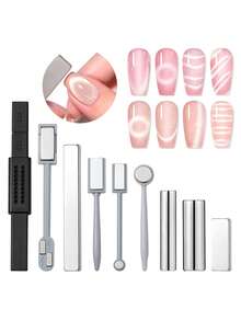 Saviland 9PCS Cat Eye Gel Nail Polish Magnetic Tools Set With Strong Suction Square And Round Magnet Stick For Diverse Cat Eye Effect Double Ended Salon Art Kit Home DIY Professional Manicure Supplies - Silver - View 2