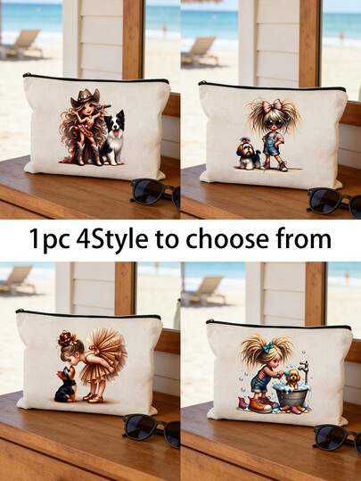 Bolsa de maquillaje con estampado de niña y cachorro, organizador de cosméticos y artículos de tocador, bolsa de cosméticos con cremallera, monedero ligero, bolsa de tocador, bolsa de almacenamiento, accesorio de viaje, perfecto para compras, uso versátil, para organizar maquillaje, brochas, accesorios, regalo perfecto para amantes de las mascotas, temporada de regreso a clases, playa, vacaciones, Día de la Madre, verano, Año Nuevo, Ramadán, Eid, San Valentín, Navidad o Acción de Gracias.