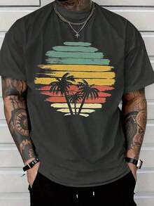 Camiseta Casual de Algodón para Hombre, Camiseta Gráfica de Atardecer Tropical para Hombre - Camiseta Blanca de Manga Corta con Diseño de Palmera IMYC - Gris Claro - Ver 1