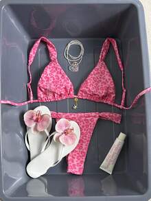 豹纹露背文胸扭结比基尼套装，适合度假 - 玫紅色 - 查看 2